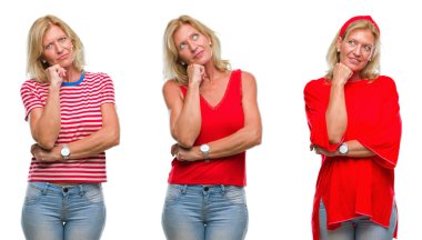 Güzel orta yaş sarışın kadın beyaz izole backgroud çene düşünme hakkında soru, dalgın ifade üzerine el ile kolaj. Düşünceli yüzüyle gülümsüyor. Şüphe kavramı.