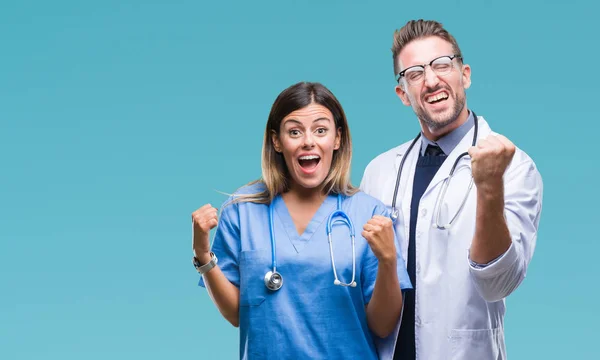 Young Couple Doctor Surgeon Isolated Background Very Happy Excited Doing — Stock Photo, Image