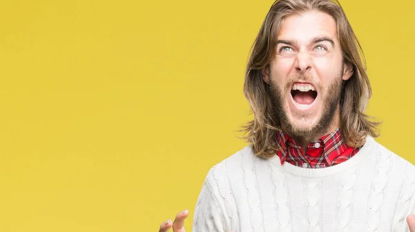 Junger Gutaussehender Mann Mit Langen Haaren Winterpullover Über Isoliertem Hintergrund — Stockfoto