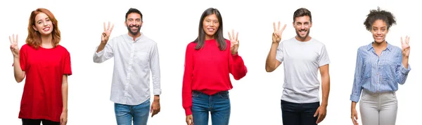 在孤立的背景下 中国人 印度人 西班牙裔的人拼贴画 一边用手指指着三 一边微笑着自信和快乐 — 图库照片