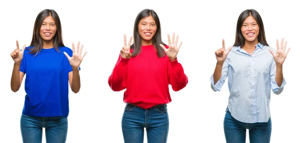 Коллаж Азиатской Молодой Женщины Стоящей Белом Изолированном Фоне Показывающей Пальцами — стоковое фото