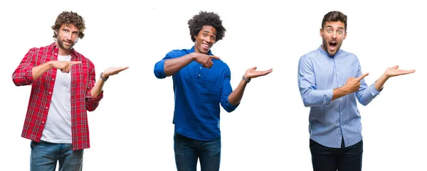 Afro Amerikan Spanyol Erkekler Hayran Ile Sunulması Parmak Ile Işaret — Stok fotoğraf