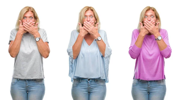 Collage Van Middenleeftijd Mooie Blonde Vrouw Witte Geïsoleerde Backgroud Geschokt — Stockfoto