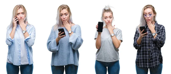 Collage Der Schönen Blonden Jungen Frau Mit Smartphone Über Isoliertem — Stockfoto
