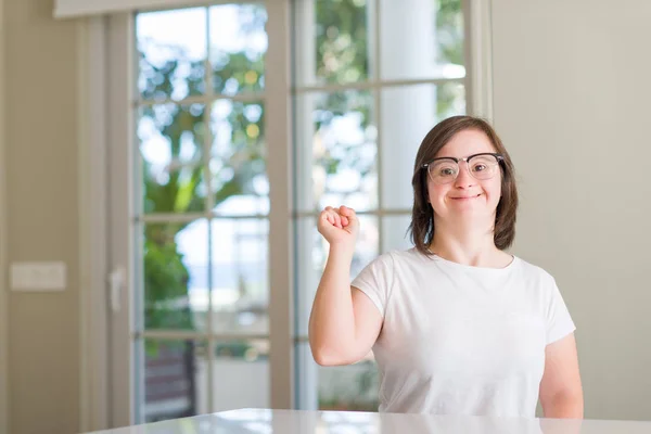 Syndrome Woman Home Very Happy Pointing Hand Finger Side — Stock Photo, Image