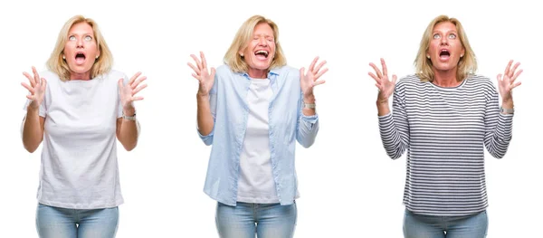 Collage Hermosa Mujer Rubia Mediana Edad Sobre Fondo Blanco Aislado — Foto de Stock