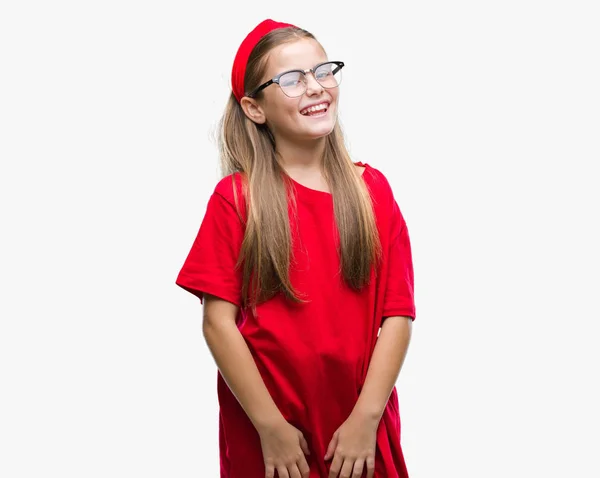 Menina Bonita Nova Vestindo Óculos Sobre Fundo Isolado Olhando Para — Fotografia de Stock