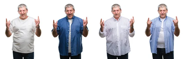 Collage Van Senior Hoary Man Witte Geïsoleerde Backgroud Schreeuwen Met — Stockfoto