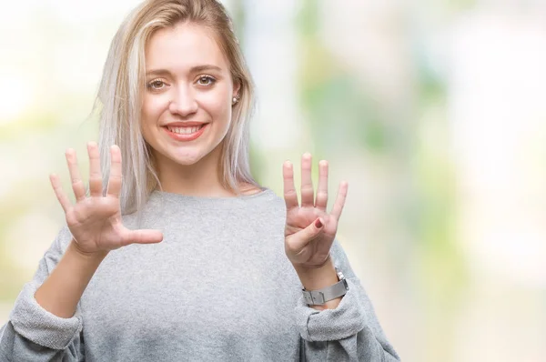 Mladá Blond Žena Izolované Pozadí Zobrazení Ukázal Prsty Číslo Devět — Stock fotografie