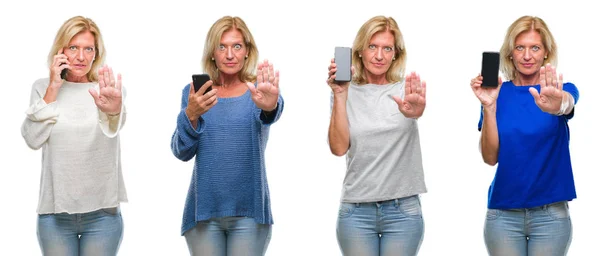 Collage Van Middenleeftijd Mooie Blonde Vrouw Smartphone Witte Geïsoleerde Achtergrondgeluid — Stockfoto