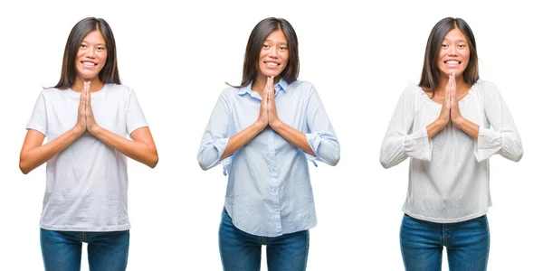 Колаж Азіатської Молодої Жінки Стоїть Над Білим Ізольованим Фоном Молиться — стокове фото