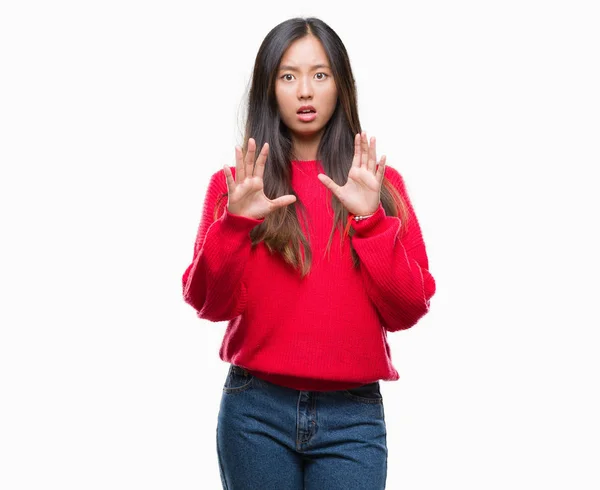 Young Asian Woman Wearing Winter Sweater Isolated Background Afraid Terrified — Stock Photo, Image