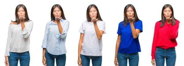 Skład Chiński Asian Kobieta Białym Tle Patrząc Kamery Buziak Ręką — Zdjęcie stockowe