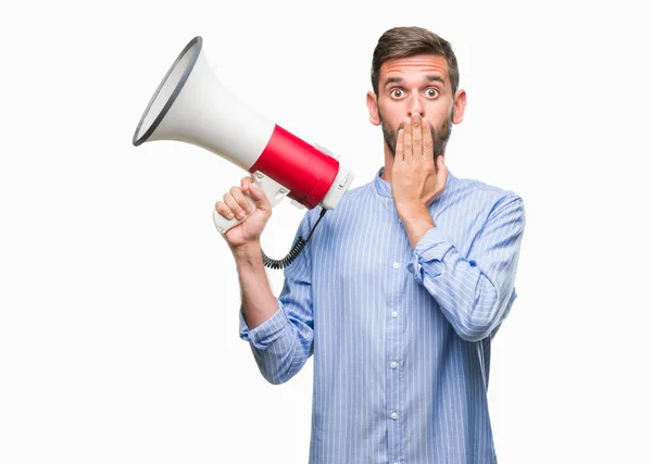 Young Handsome Man Yelling Megaphone Isolated Background Cover Mouth Hand — Stock Photo, Image