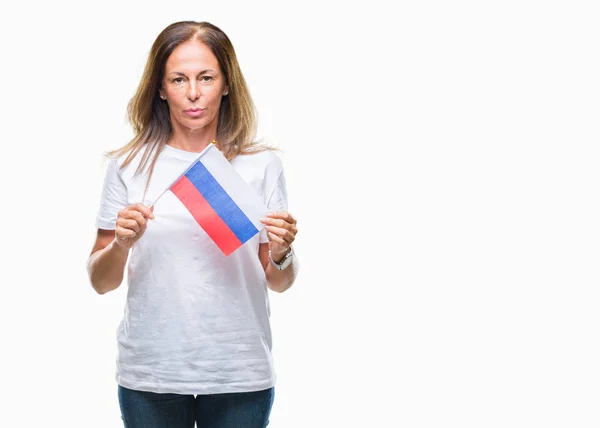Μέση Ηλικία Ισπανόφωνος Γυναίκα Κρατώντας Την Σημαία Της Ρωσίας Πάνω — Φωτογραφία Αρχείου