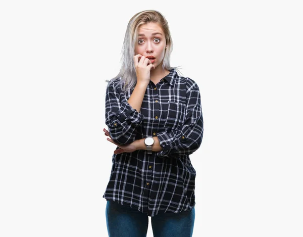 Young Blonde Woman Isolated Background Looking Stressed Nervous Hands Mouth — Stock Photo, Image