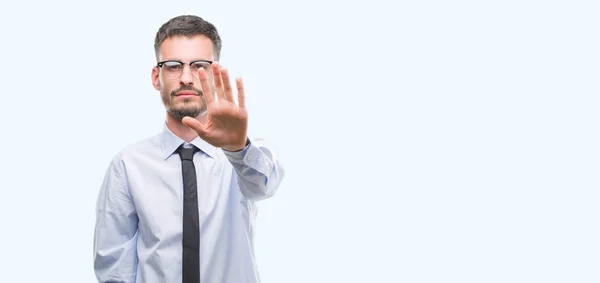 Young Business Man Open Hand Doing Stop Sign Serious Confident — Stock Photo, Image