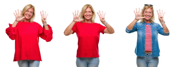 Collage Hermosa Mujer Rubia Mediana Edad Sobre Fondo Blanco Aislado —  Fotos de Stock