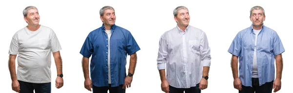 Collage Van Senior Hoary Man Witte Geïsoleerde Backgroud Glimlachend Uitziende — Stockfoto