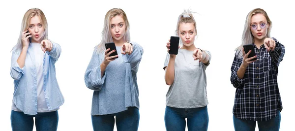 Collage Beautiful Blonde Young Woman Using Smartphone Isolated Background Pointing — Stock Photo, Image