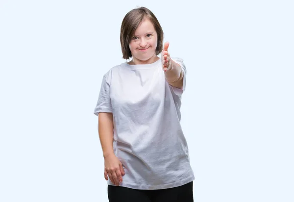 Junge Erwachsene Frau Mit Syndrom Über Isoliertem Hintergrund Lächelt Freundlich — Stockfoto