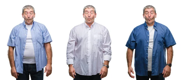 Collage Van Senior Hoary Man Witte Geïsoleerde Backgroud Maken Vis — Stockfoto