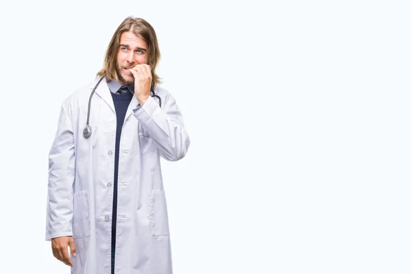 Young Handsome Doctor Man Long Hair Isolated Background Looking Stressed — Stock Photo, Image