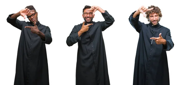 Collage Hombres Sacerdotes Cristianos Sobre Fondo Aislado Sonriendo Haciendo Marco —  Fotos de Stock