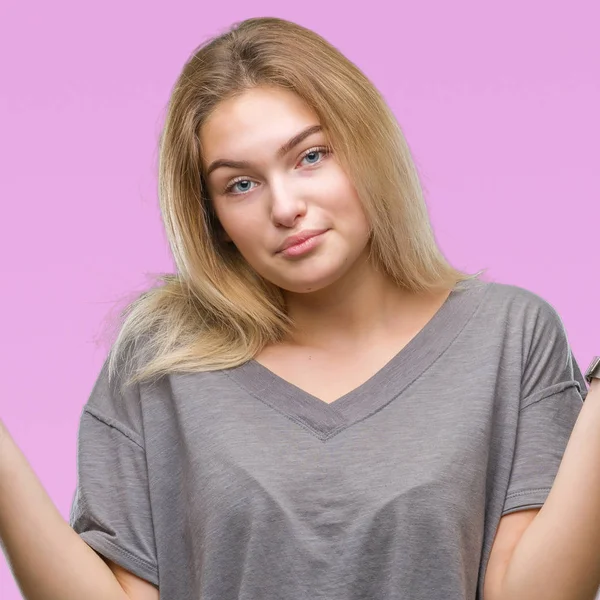 Young Caucasian Woman Isolated Background Clueless Confused Expression Arms Hands — Stock Photo, Image