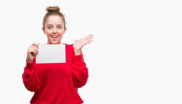 Young Blonde Woman Holding Advertising Banner Very Happy Excited Winner — Stock Photo, Image
