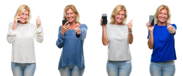 Collage Vackra Medelålders Blond Kvinna Med Smartphone Över Vita Isolerade — Stockfoto