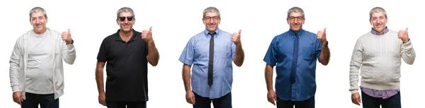 Collage Van Senior Hoary Man Witte Geïsoleerde Backgroud Glimlachend Met — Stockfoto