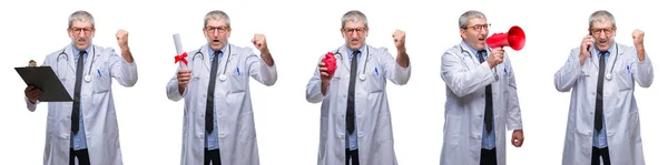 Collage Senior Hoary Doctor Man White Isolated Backgroud Annoyed Frustrated — Stock Photo, Image