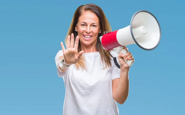 Femme Hispanique Moyen Age Criant Travers Mégaphone Sur Fond Isolé — Photo