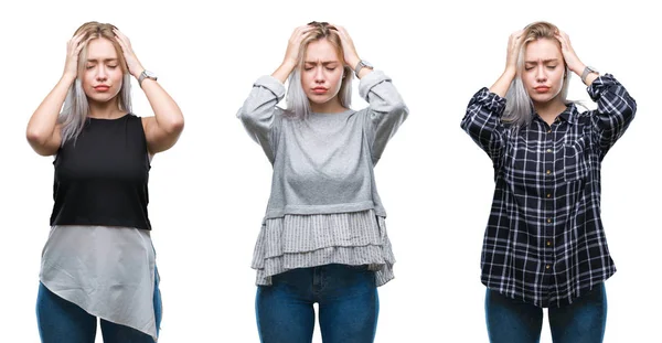 Collage Bella Bionda Giovane Donna Sfondo Isolato Che Soffre Mal — Foto Stock