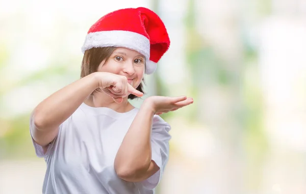 Mujer Adulta Joven Con Síndrome Con Sombrero Navidad Sobre Fondo — Foto de Stock