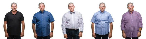 Collage Senior Hoary Man White Isolated Backgroud Serious Expression Face — Stock Photo, Image