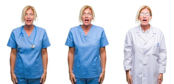 Collage Vackra Medelålders Blond Läkare Kvinna Vit Isolerade Backgroud Rädd — Stockfoto