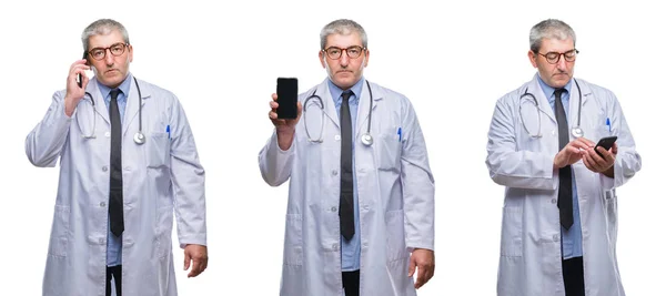 Collage Senior Doctor Canoso Hombre Hablando Por Teléfono Sobre Blanco —  Fotos de Stock