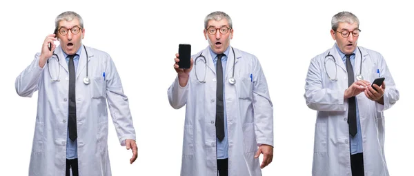 Kolaż Starszym Lekarzem Sędziwy Mężczyzna Rozmawia Przez Telefon Nad Białym — Zdjęcie stockowe