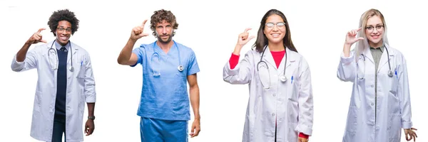 Collage Grupo Médicos Enfermeras Cirujanos Sobre Fondo Aislado Sonriendo Haciendo — Foto de Stock