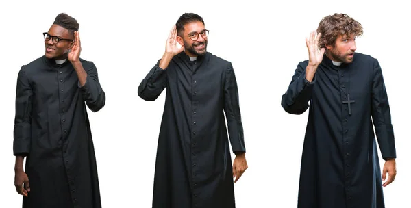 Collage Hombres Sacerdotes Cristianos Sobre Fondo Aislado Sonriendo Con Mano —  Fotos de Stock