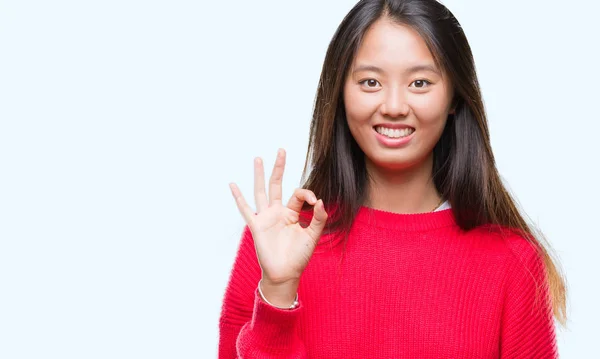 Young Asian Woman Wearing Winter Sweater Isolated Background Smiling Positive — Stock Photo, Image