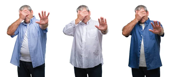 Colagem Homem Hoary Sênior Sobre Backgroud Isolado Branco Cobrindo Olhos — Fotografia de Stock