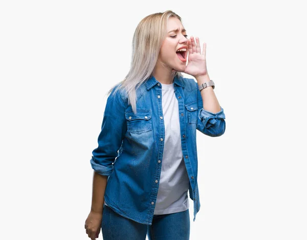 Genç Sarışın Kadın Bağırarak Ağzı Üzerinde Ile Yan Için Çığlık — Stok fotoğraf