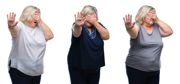 Collage Senior Fat Woman Isolated Background Covering Eyes Hands Doing — Stock Photo, Image