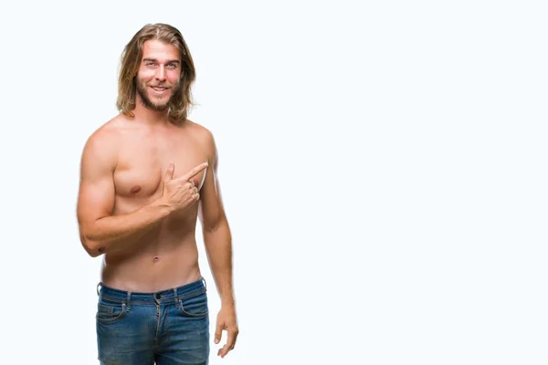 Genç Yakışıklı Gömleksiz Adam Uzun Saçlı Seksi Vücut Izole Arka — Stok fotoğraf
