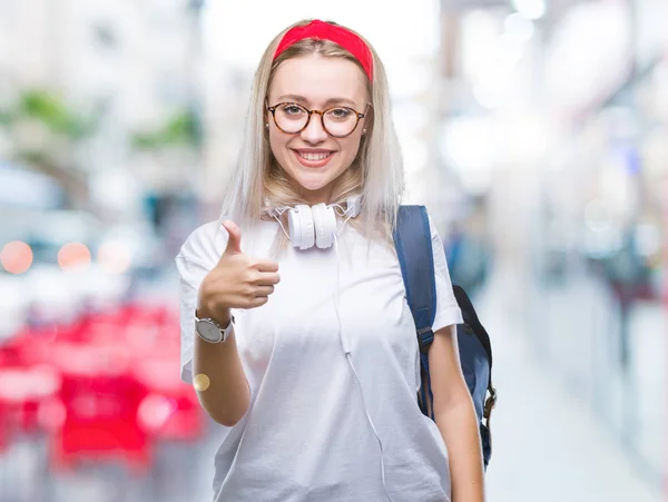 Ung Blond Student Kvinna Bär Glasögon Och Ryggsäck Över Isolerade — Stockfoto