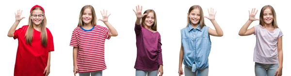 Collage Niña Joven Hermosa Niña Sobre Fondo Aislado Mostrando Apuntando — Foto de Stock