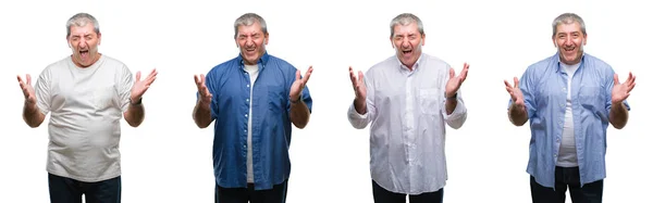 Collage Von Senior Hoary Mann Über Weißen Isolierten Hintergrund Feiert — Stockfoto